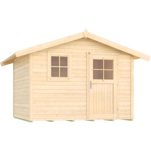 Casetta da giardino in legno naturale con tetto a due falde, finestra e porta. Ideale come rimessa attrezzi o stanza hobby.