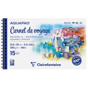 Clairefontaine Aquapad, carnet spirale, 15 feuilles papier aquarelle, 13,5x25cm, idéal pour voyage.