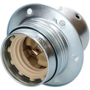 Douille de lampe E27 avec bordure en acier, M10 x 1, chrome, avec bague pour installation de lampe.