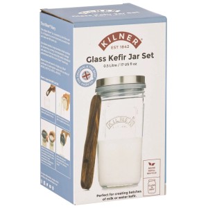 Set fermentazione kefir Kilner 0.5L in scatola con vetro, coperchio e cucchiaio di legno.