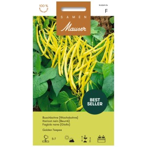 Sachet de graines de haricot nain Golden Teepee Mauser avec des haricots jaune d'or et des feuilles vertes.