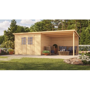 Abri de jardin en bois Weka Como avec toit en appentis, finition naturelle, avec double porte et zone couverte.