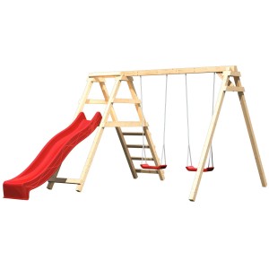 Balancelle double Karibu Felix avec toboggan rouge et structure d'escalade en bois.