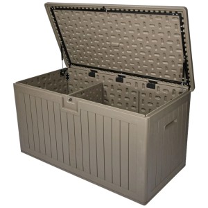 Coffre de coussins Oslo L ouvert en taupe, capacité 570 l, aspect bois.