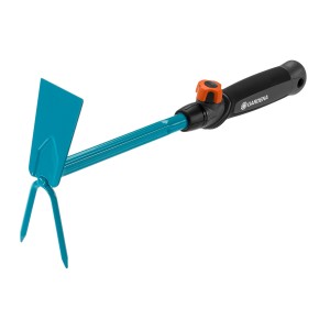 Petite houe Gardena Combisystem avec lame droite et 2 dents pour le travail du sol.
