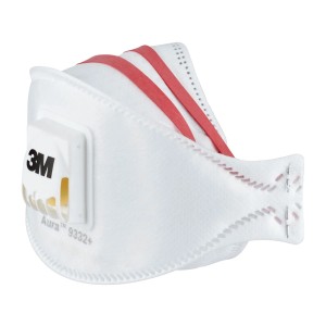 Masque 3M Aura 9332+ pour isolants et bois dur, respirateur avec bande rouge et soupape d'expiration.