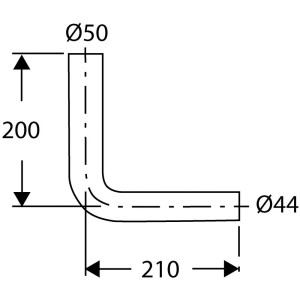 Schéma d'un coude de raccordement blanc à 90° pour réservoirs de chasse d'eau avec dimensions.