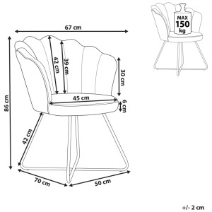 Skizze Sessel Lovelock: Weißer Bouclé-Sessel mit Maßen und Belastbarkeit (max. 150 kg).