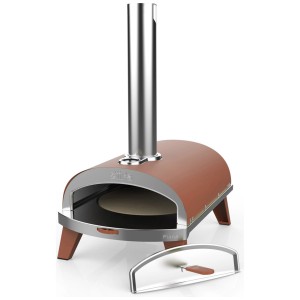 Four à pizza Ziipa Piana, barbecue à charbon terracotta avec détails en acier inoxydable et thermomètre.