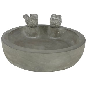 Bagno per uccelli grigio chiaro (Ø 22 cm) con due figure di uccelli sul bordo.
