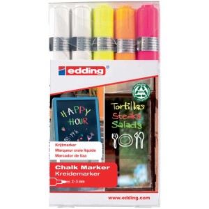 Edding Marqueur craie 4095, lot de 5 : Feutres blanc, jaune, orange et rose pour écrire sur les tableaux.
