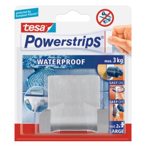 Tesa Waterproof crochet double large inox avec Powerstrips pour salle de bain et cuisine, jusqu'à 3kg.