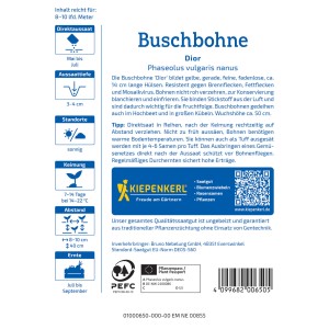 Sachet de graines de haricot nain Kiepenkerl Dior, haricot beurre jaune pour plates-bandes et pots.