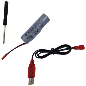 Accessoires pour pistolet à eau Max Liquidator : batterie, câble de chargement USB et tournevis.