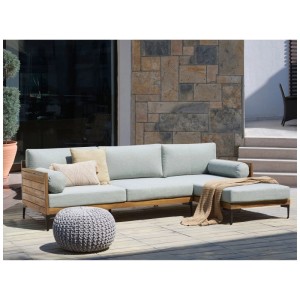 Canapé d'angle de jardin Cavezzo gauche en bois d'acacia avec coussins gris clair et traversins sur terrasse.
