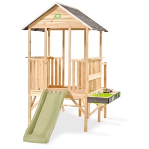 Maisonnette en bois Exit Toys Panorama 350 avec toboggan et cuisine de boue dans le jardin.