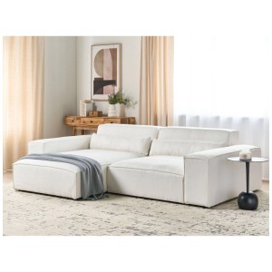 Canapé d'angle Beliani Hellnar blanc en bouclé, forme en L avec méridienne à droite et coussins.
