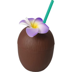 Gobelet en polyéthylène en forme de noix de coco avec paille et fleur, 650 ml.