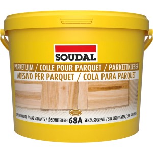 Gelber Eimer Soudal Parkettkleber 68A, 15 kg, lösemittelfrei.