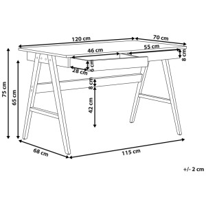 Schéma du bureau Beliani Sheslay, MDF marron, 120x70 cm, avec tiroirs et dimensions.