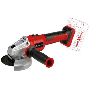 Einhell Akku-Winkelschleifer AXXIO 18/115 Q mit Akku und Ladegerät. Rotes Gehäuse, silberner Schleifkopf.