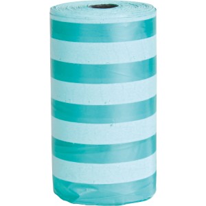 Rotolo di sacchetti per escrementi di cane Jollypaw, 20 pz, a righe blu e bianche.