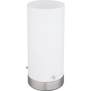 Globo LED lampada da tavolo Cyli, lampada da comodino con vetro bianco e base in nickel.