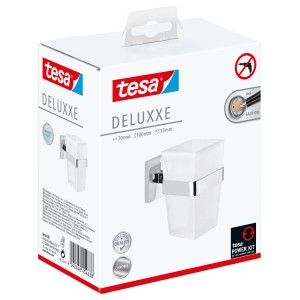 Verpackung des Tesa Zahnputzbechers Deluxxe Chrom, ein moderner, rostfreier Bad-Artikel zur Wandmontage.