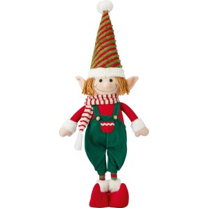 Figurine elfe de Noël debout, 59,5 cm, en polyester, avec chemise rouge, salopette verte et bonnet rayé.