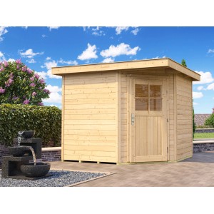 Casetta da giardino in legno naturale weka Angolo B con tetto piatto e porta in giardino.