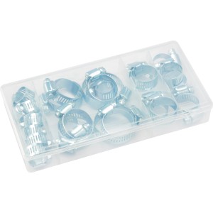 Set di fascette stringitubo da 26 pezzi in scatola assortita per collegamenti di tubi flessibili di varie dimensioni.