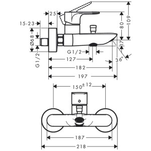 Disegno tecnico: Miscelatore vasca Hansgrohe Rebris E, esterno, nero opaco, dimensioni in mm.