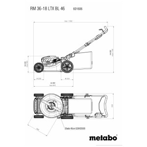 Disegno tecnico del tosaerba a batteria Metabo RM 36-18 LTX BL 46 A con dimensioni e larghezza di taglio 46 cm.