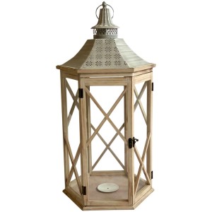 Lanterne en bois hexagonale marron clair (taille L) pour un éclairage intérieur et extérieur chaleureux.