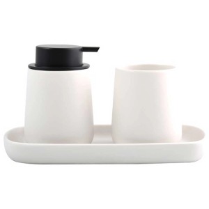 Set bagno MSV Maonie: dispenser sapone e bicchiere su vassoio in ceramica bianca.
