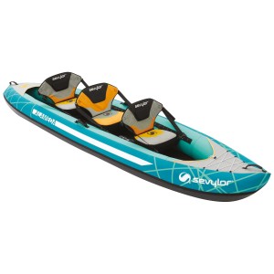 Kayak Sevylor Alameda : Kayak gonflable turquoise 3 places avec sièges et support de pagaie.