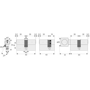 Abus demi-cylindre E60NP 10/30 mm, dessin technique avec dimensions pour serrures.