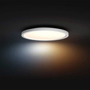 Weiße, runde Philips Hue LED-Panelleuchte Aurelle White Ambiance mit warmweißem Licht.