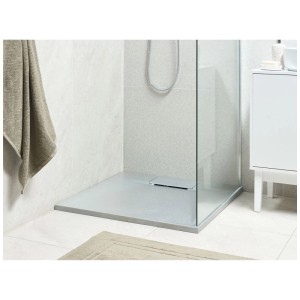 Receveur de douche Beliani Azzurro gris en plastique SMC effet pierre, plat, surface structurée, bonde latérale.