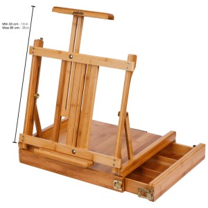 Cavalletto da tavolo Pébéo in bambù con cassetto e altezza regolabile.