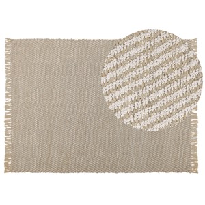 Tapis beige Aladag en jute, 200x140 cm, avec franges et vue détaillée du motif.