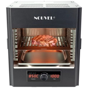 Nouvel Beefer Taurus grill elettrico con bistecca sulla griglia. Grill compatto ad alta temperatura.