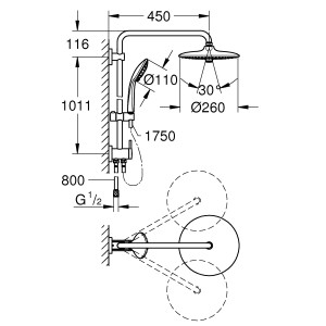 Disegno tecnico del sistema doccia Grohe Vitalio Joy 260 con dimensioni per l'installazione.