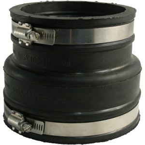 Raccordo di transizione per tubi HT Marley DN 110-125/144-160 in elastomero con fascette metalliche.
