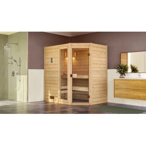 Sauna d'angle en bois massif Weka Valida avec porte et fenêtre en verre, incluant poêle de sauna et kit d'accessoires.