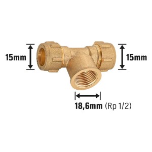 Raccordo a T a compressione in ottone 15 mm x 18,6 mm, per installazione tubi in rame, con filettatura interna.