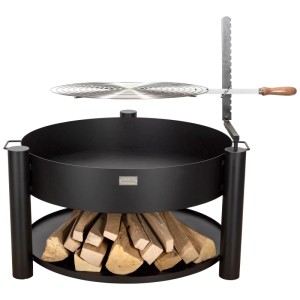 Braciere Nouvel Tondino in acciaio nero, Ø 80 cm, con griglia e ripiano per legna.