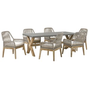 Salon de jardin Olbia 7 pcs: table en fibrociment gris, piètement acacia, 6 chaises tressées avec coussins.