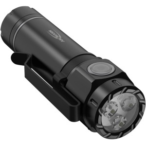 Lampe torche rechargeable Ansmann noire 2000 lm en aluminium avec clip et trois lentilles LED.