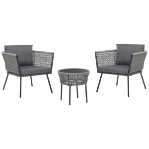 Set bistro Beliani Gargano grigio: 2 poltrone con cuscini e 1 tavolo per balcone o patio.